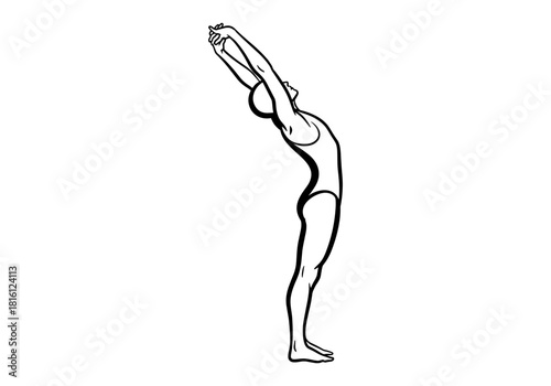 Female gymnast stretching in black and white outline style