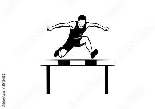 Athlete hurdling in dynamic black and white silhouette design