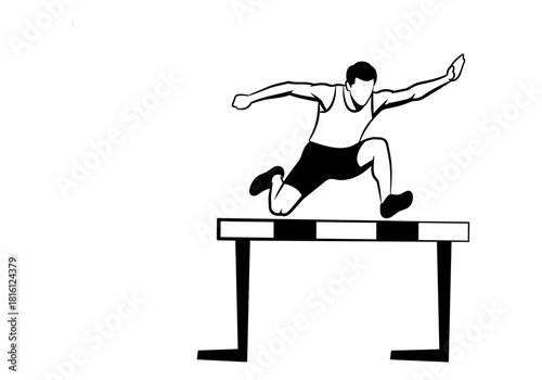 Dynamic athlete jumping over hurdle in silhouette style