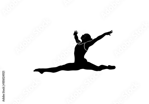 Silhouette of ballet dancer in mid-air split on white background