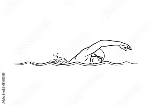 Line art swimmer freestyle stroke in water