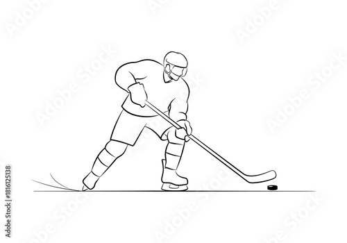 Hockey player in action with puck in minimalist line art