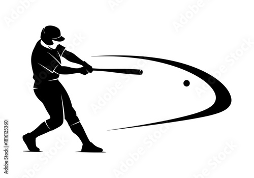Dynamic baseball batter silhouette with swing in action
