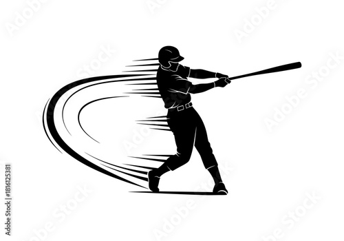 Dynamic silhouette of baseball player swinging bat with motion lines