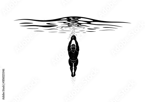 Diver silhouette entering water with ripples above in minimalist style