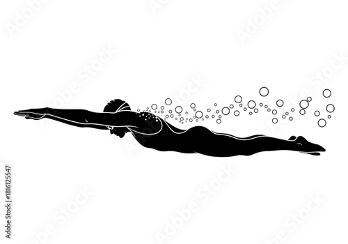 Dynamic silhouette of a swimmer in motion with bubbles in minimalist style