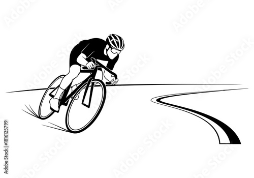 Cyclist racing on road in dynamic black and white silhouette design