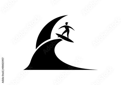 Surfer riding a giant wave silhouette design in black and white