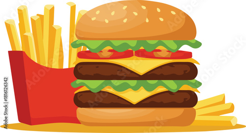 Delicious cartoon illustration of a classic fast food combo featuring a juicy double cheeseburger with fresh toppings and a side of crispy golden fries