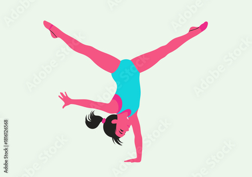 Dynamic handstand pose by female gymnast in flat style with vibrant colors