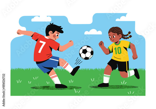 Children playing soccer in colorful flat design illustration