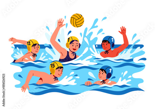 Energetic water polo match with athletes playing in waves
