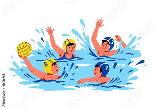 Water polo match with players in action and splashing water