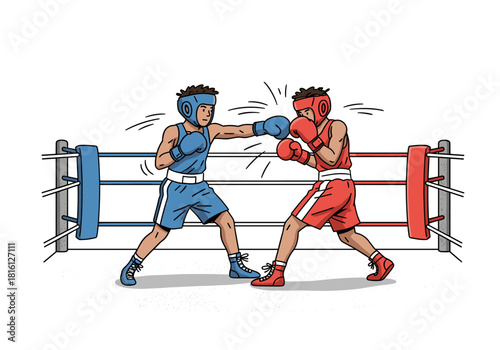 Dynamic boxing match in colorful ring with athletes in motion