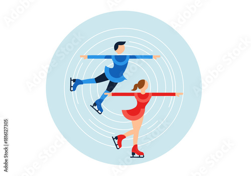 Dynamic pair ice skating performance in vibrant flat design