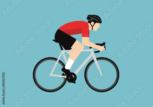 Cyclist in action: flat design of person riding bicycle on blue background