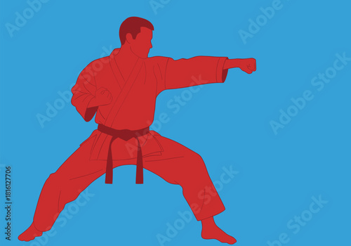Red silhouette martial artist on blue background engaged in karate stance