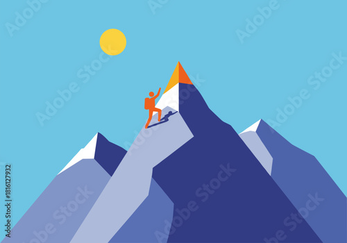 Climber ascends snowy mountain peak under bright sun in minimalist style