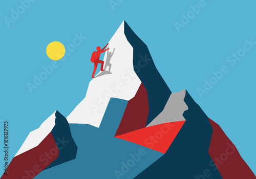 Climber ascends mountain peak in vibrant sunlit minimalist scene