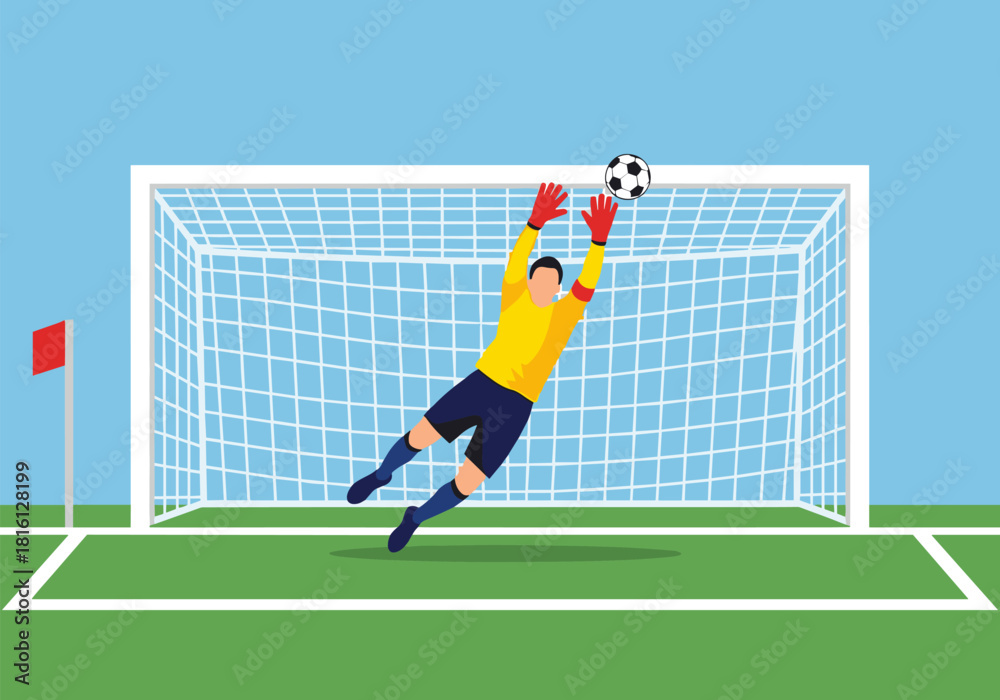 Obraz premium Goalkeeper saves penalty in flat design soccer match illustration