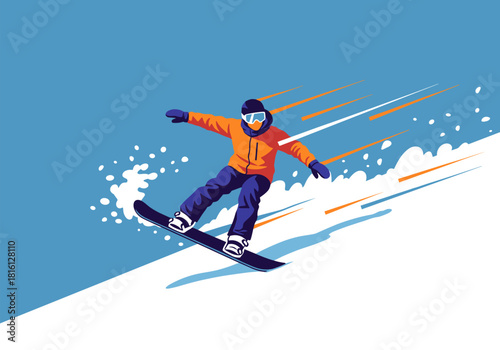 Dynamic snowboarding downhill with snow trail and winter gear in flat design