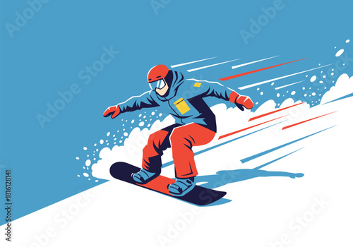 Dynamic snowboarder racing down slopes in bold flat design