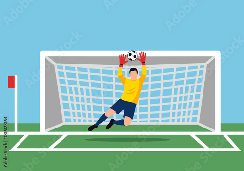 Goalkeeper making a save on soccer field in flat style