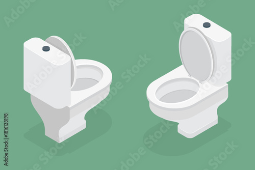 Ceramic toilet bowl for bathroom. Simple 3d flat isometric vector icon on a green background.