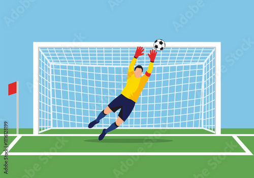 Goalkeeper saves penalty in flat design soccer match illustration