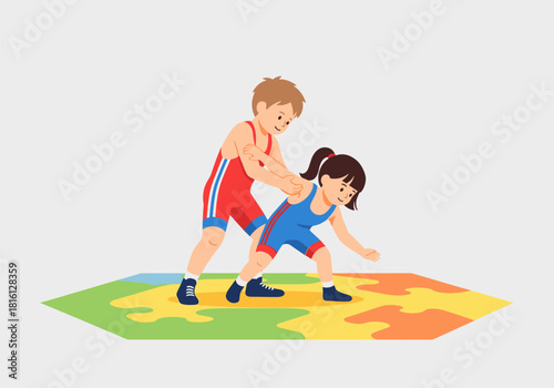 Kids wrestling in colorful arena: youth sports and fitness