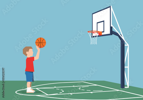 Boy shooting basketball on outdoor court in minimalist flat design