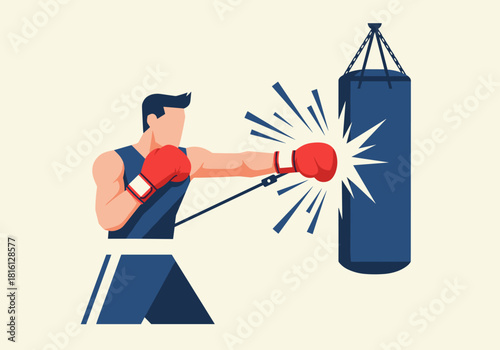 Boxer punching heavy bag in flat style with dynamic motion lines