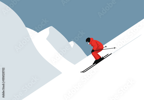 Minimalist winter sports scene featuring alpine skier on snowy slope