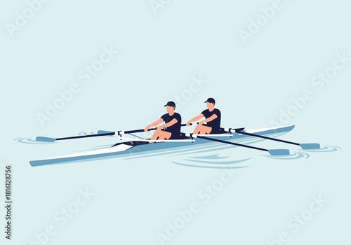 Two athletes rowing in synchronized canoe teamwork scene