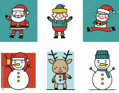 Adorable cartoon Christmas character collection featuring festive Santa, cheerful snowmen, playful reindeer, and happy elves in a charming vector illustration set