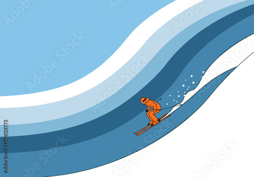 Dynamic skiing descent in abstract wave design with bold blue tones