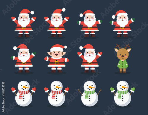 Charming collection of festive vector illustrations featuring Santa Claus, jovial snowmen, playful elves, and cute reindeer, ideal for holiday season greetings and joyful winter designs