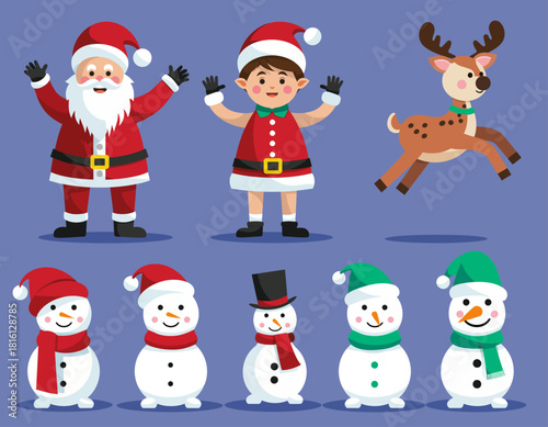 Delightful Christmas vector characters set featuring Santa Claus, a child, reindeer, and various happy snowmen, ideal for holiday season designs