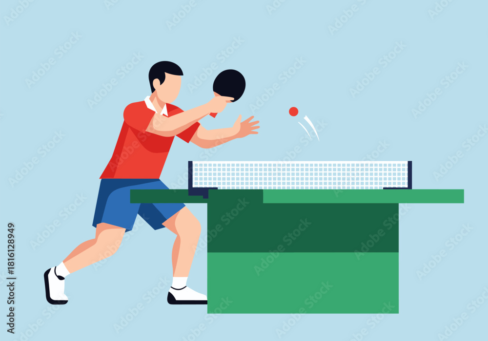 Fototapeta premium Table tennis player serving in flat style with dynamic motion on blue background