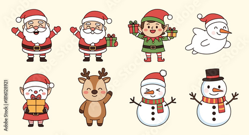 Joyful Christmas Vector Characters Collection Santa, Elves, Reindeer, and Snowmen Illustrations for Festive Holiday Season Designs