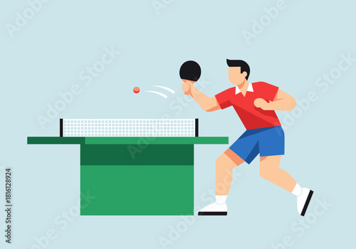 Table tennis player in action with paddle and ball on green table