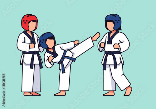 Martial arts fighters sparring in protective gear on teal background