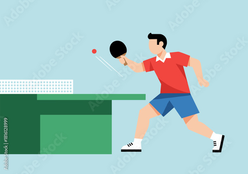Ping pong player in action: flat design table tennis game