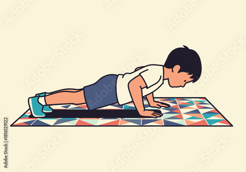 Boy doing push-ups on a colorful geometric mat in cartoon style