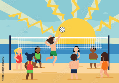 Flat design beach volleyball game with diverse children under the sun