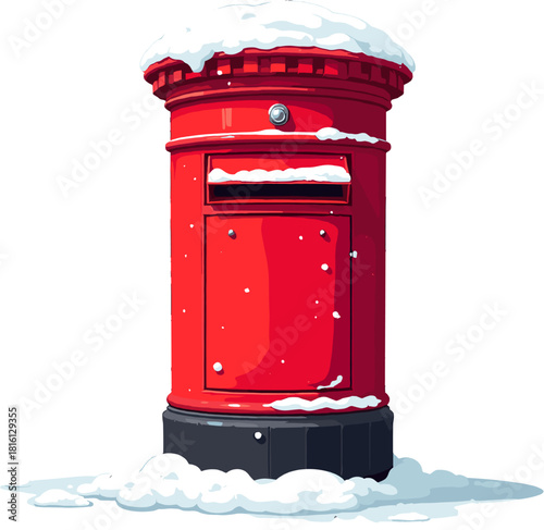 Rounded red postbox covered with winter snow, charming festive illustration for holiday cards, seasonal art projects, Christmas clipart and cozy winter scenes
