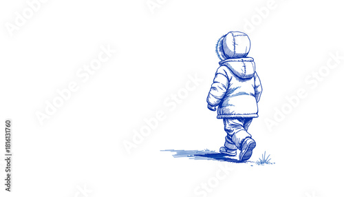 Child in snowsuit walking on white background - Concept of Vintage sketch with pen and blue ink  