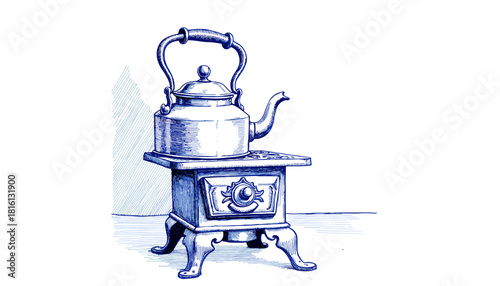 Vintage sketch of kettle on iron stove in blue ink  