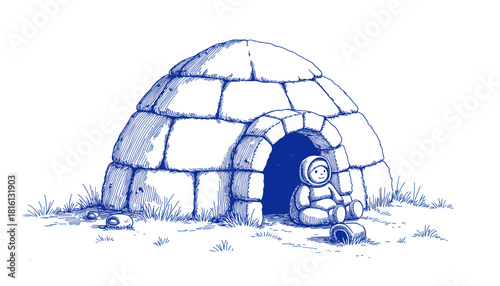 Vintage sketch of a child building an igloo in blue ink  
