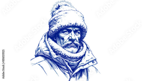 Man in snow camouflage with blue ink drawing and vintage style  